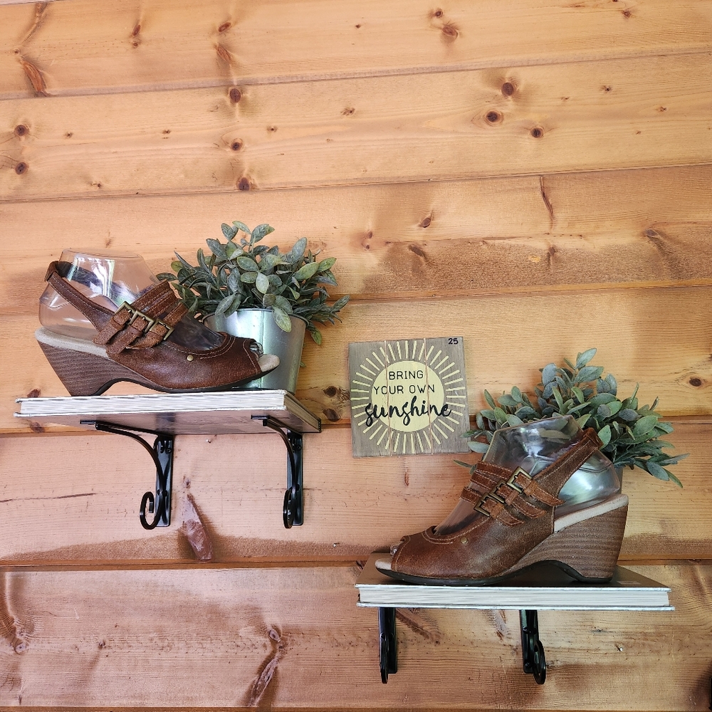 Caterpillar CAT Brown Leather Slingback Mary Jane Wedge Heel‎ Sandals Peep Toe 6